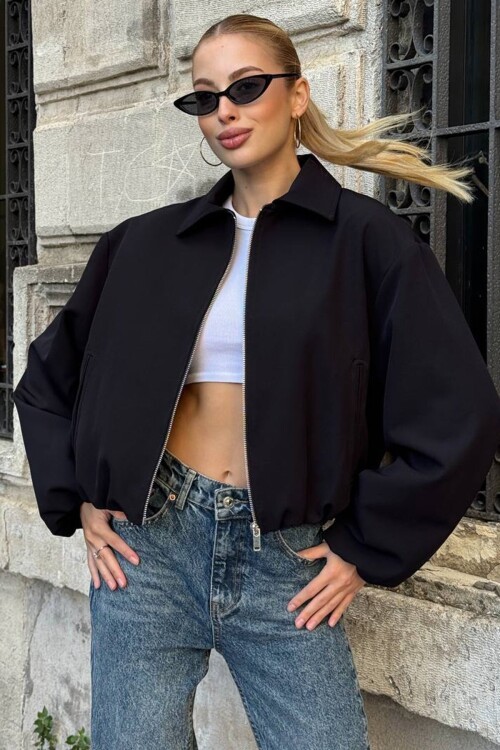 Gömlek Yaka Beli ve Kolları Lastikli Bomber Ceket
