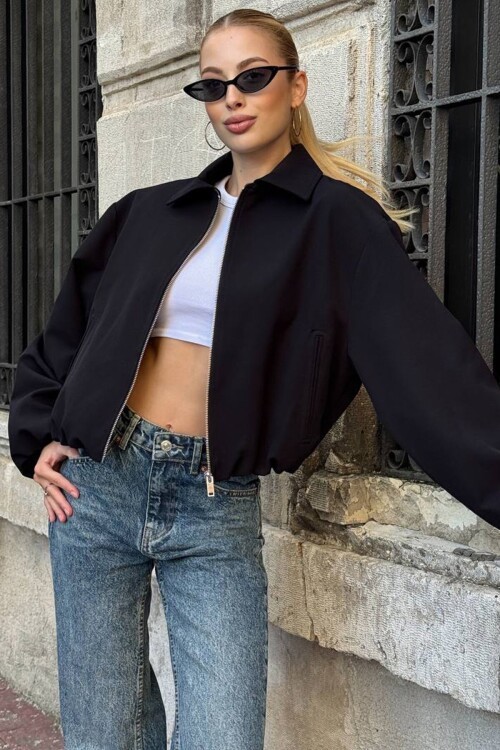 Gömlek Yaka Beli ve Kolları Lastikli Bomber Ceket