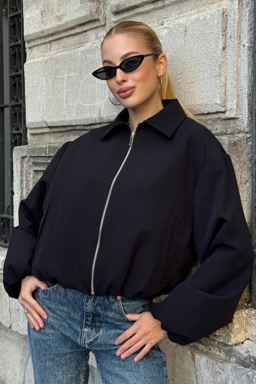 Gömlek Yaka Beli ve Kolları Lastikli Bomber Ceket