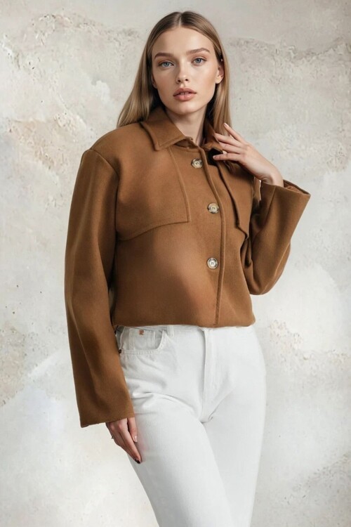 Gömlek Yaka Düğme kapamalı Kısa Kaşe Ceket