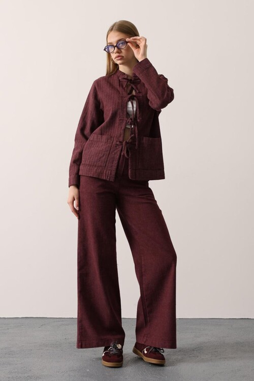 Hakim Yaka Bağcıklı Bluz Ve Beli Lastikli Pantolon Takım