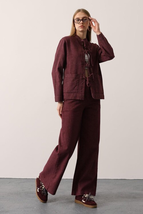 Hakim Yaka Bağcıklı Bluz Ve Beli Lastikli Pantolon Takım