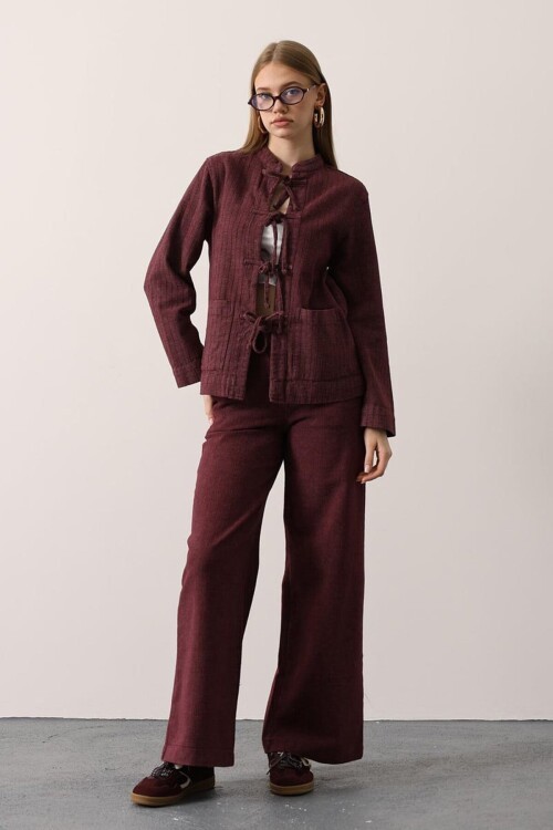 Hakim Yaka Bağcıklı Bluz Ve Beli Lastikli Pantolon Takım