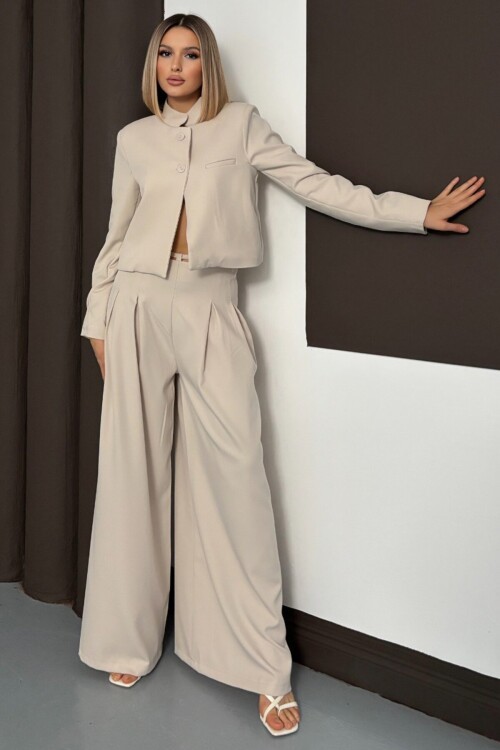 Hakim Yaka Blazer Ceket ve Pileli Palazzo Pantolon Takım