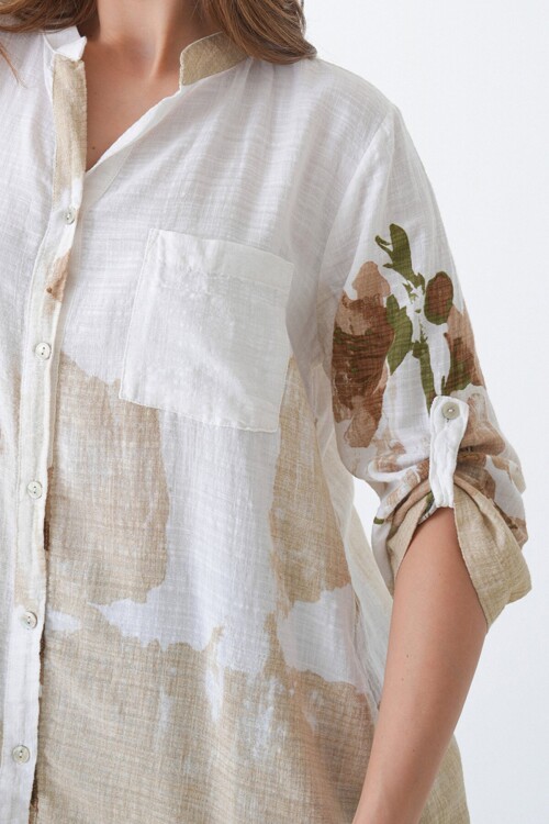 Hakim Yaka Çiçek Desenli Keten Gömlek