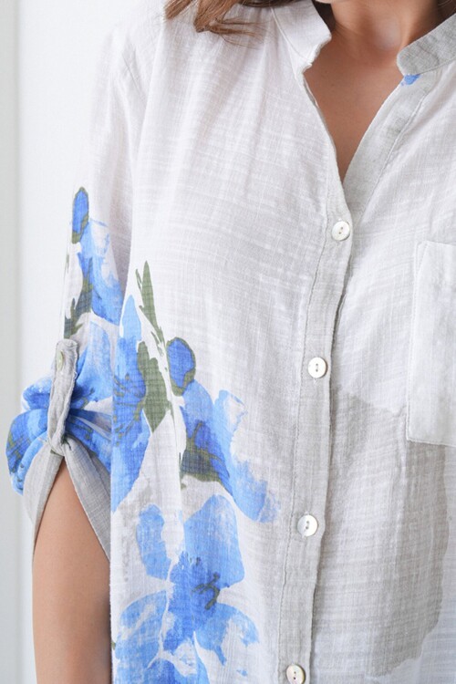 Hakim Yaka Çiçek Desenli Keten Gömlek