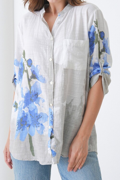 Hakim Yaka Çiçek Desenli Keten Gömlek