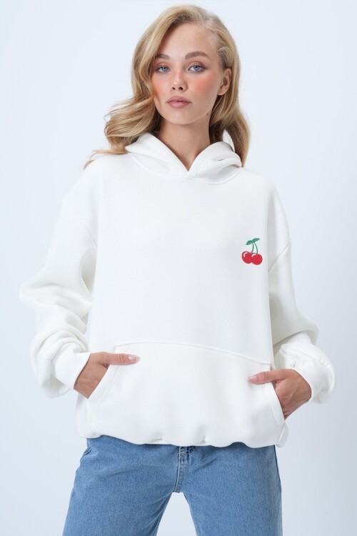 İçi Şardonlu Kanguru Cepli Kiraz Nakışlı Kapüşonlu 3 İplik Sweatshırt