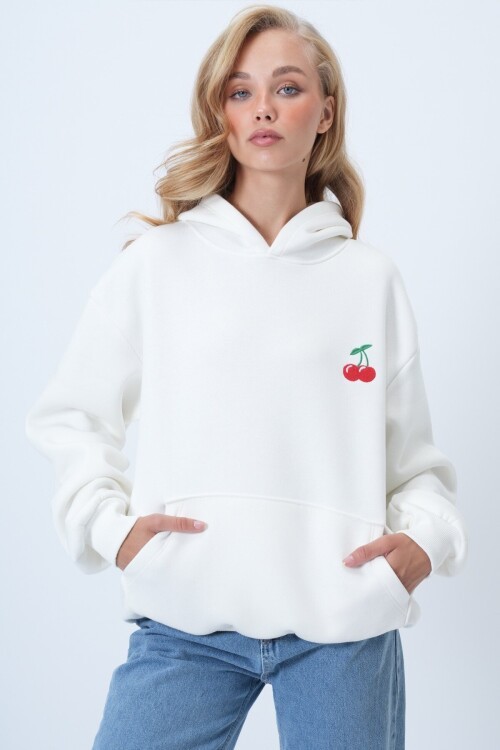 İçi Şardonlu Kanguru Cepli Kiraz Nakışlı Kapüşonlu 3 İplik Sweatshırt