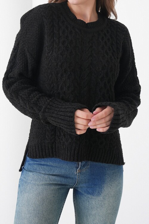 Kalın Örgü Desenli Bisiklet Yaka Triko Kazak