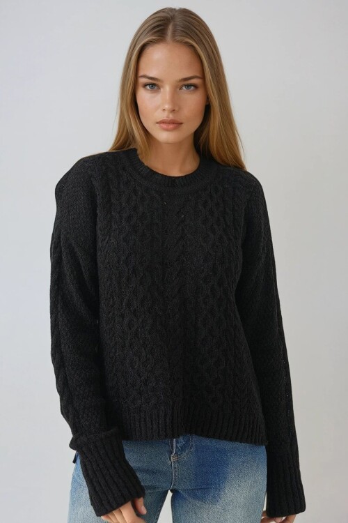 Kalın Örgü Desenli Bisiklet Yaka Triko Kazak