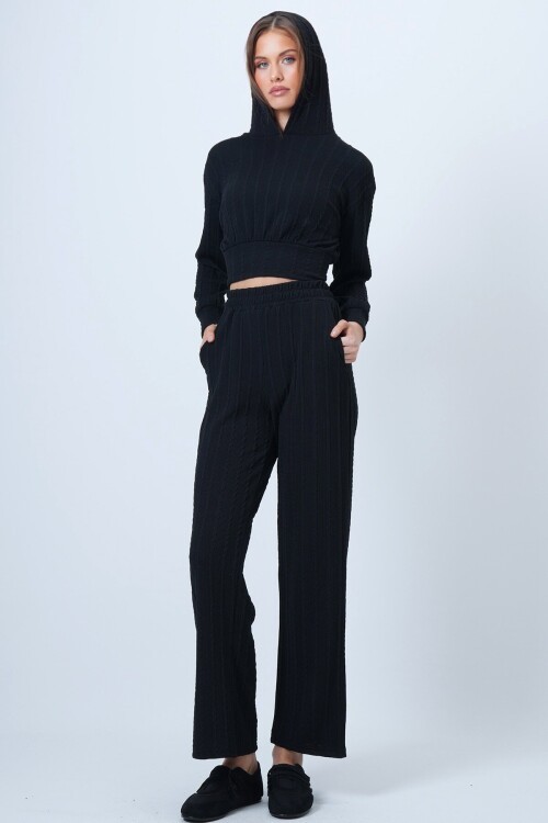 Kapüşonlu Ajurlu Triko Sweat Ve Beli Lastikli Palazzo Pantolon