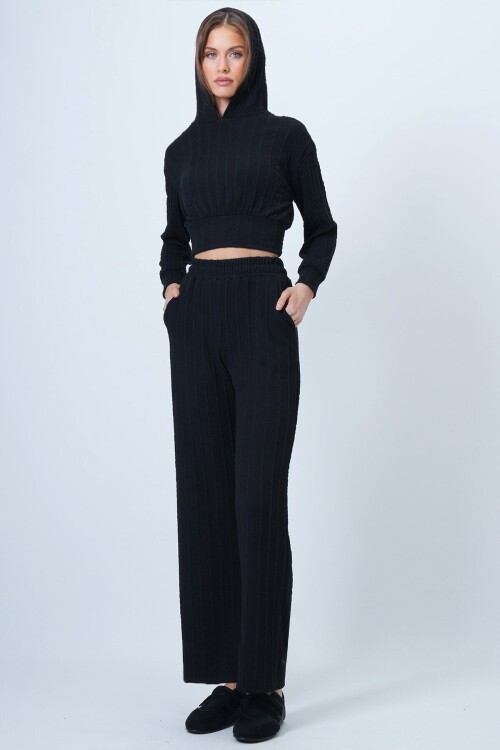 Kapüşonlu Ajurlu Triko Sweat Ve Beli Lastikli Palazzo Pantolon