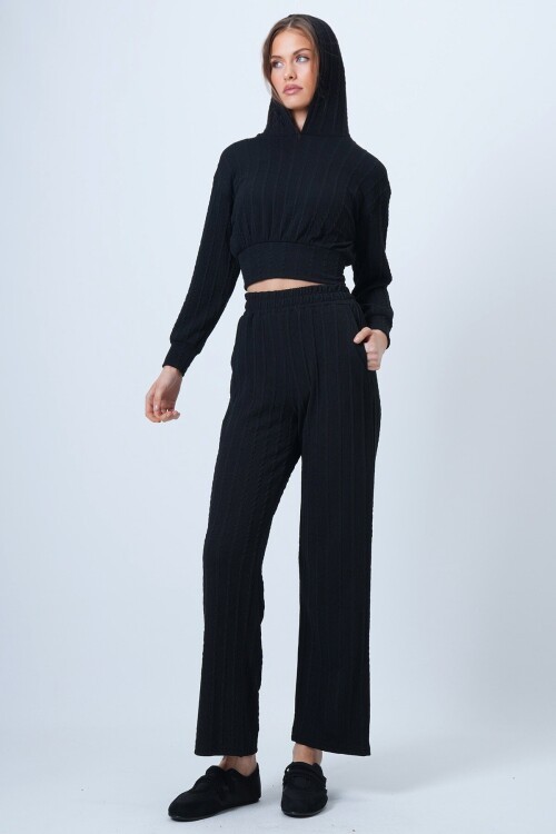 Kapüşonlu Ajurlu Triko Sweat Ve Beli Lastikli Palazzo Pantolon