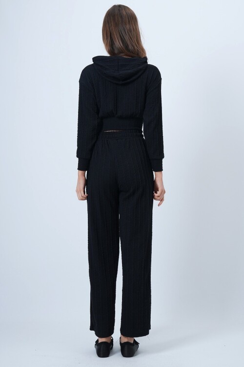 Kapüşonlu Ajurlu Triko Sweat Ve Beli Lastikli Palazzo Pantolon