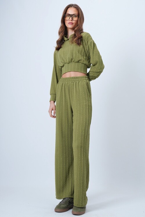 Kapüşonlu Ajurlu Triko Sweat Ve Beli Lastikli Palazzo Pantolon