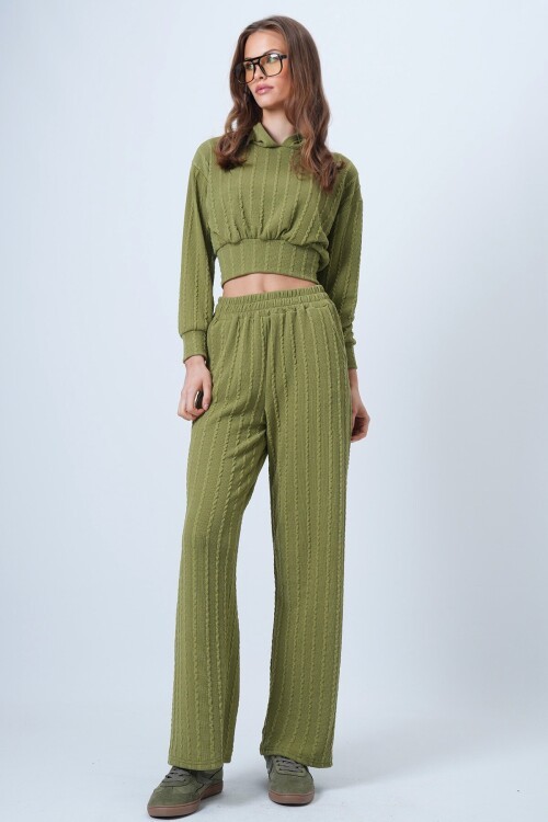 Kapüşonlu Ajurlu Triko Sweat Ve Beli Lastikli Palazzo Pantolon