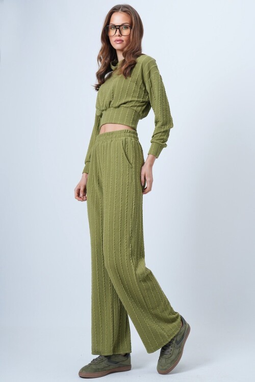 Kapüşonlu Ajurlu Triko Sweat Ve Beli Lastikli Palazzo Pantolon