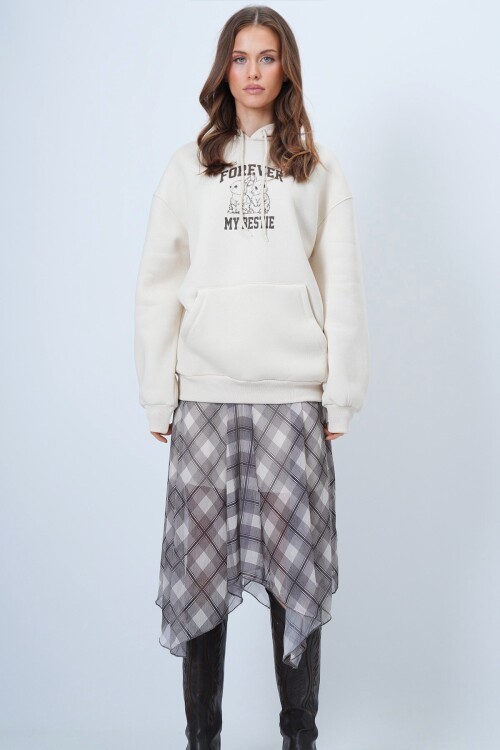 Kapüşonlu Baskılı Kanguru Cepli Uzun Kollu İçi Şardonlu 3 İplik Sweatshirt