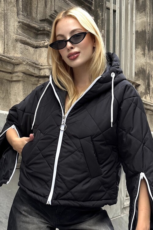 Kapüşonlu Kol Fermuarlı Kapitone Şişme Mont