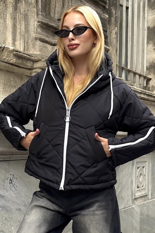 Kapüşonlu Kol Fermuarlı Kapitone Şişme Mont