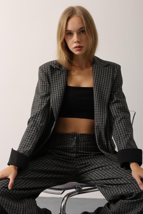 Kazayağı Desenli Oversize Blazer Ceket ve Palazzo Pantolon Takım