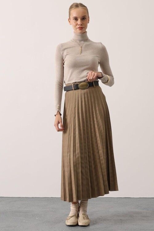 Kemer Detaylı Fermuar Piliseli Midi Boy Süet  Etek