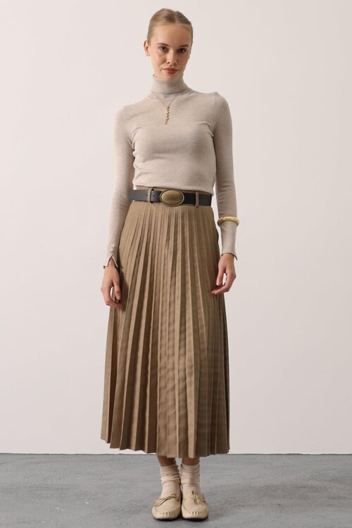 Kemer Detaylı Fermuar Piliseli Midi Boy Süet  Etek