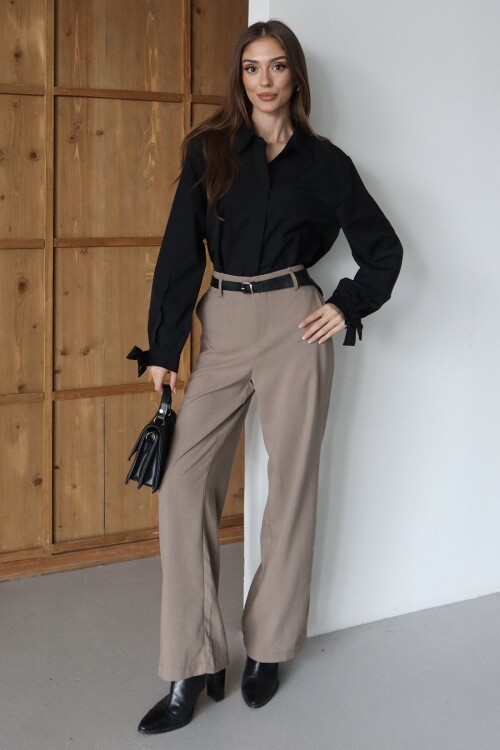 Kemerli Çift Cepli Palazzo Pantolon