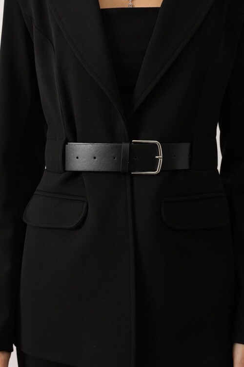 Kemerli Fleto Cepli Dikiş Detaylı Blazer Ceket