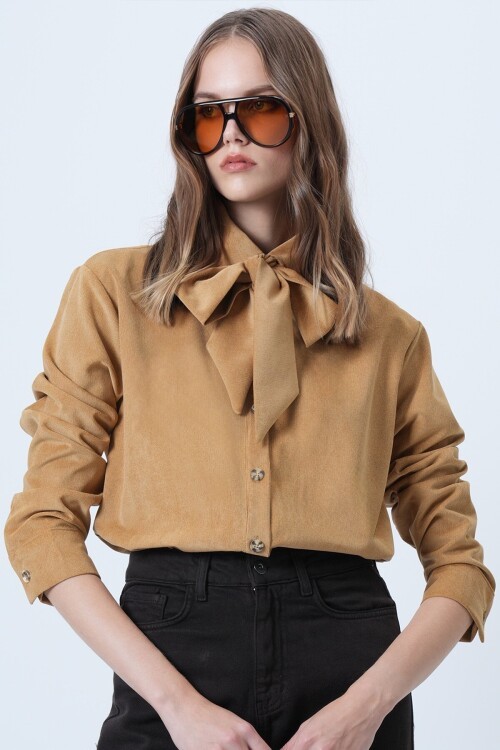 Kendinden Kuşaklı Oversize Kadife Gömlek