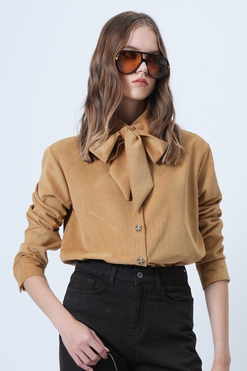 Kendinden Kuşaklı Oversize Kadife Gömlek