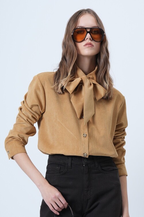 Kendinden Kuşaklı Oversize Kadife Gömlek