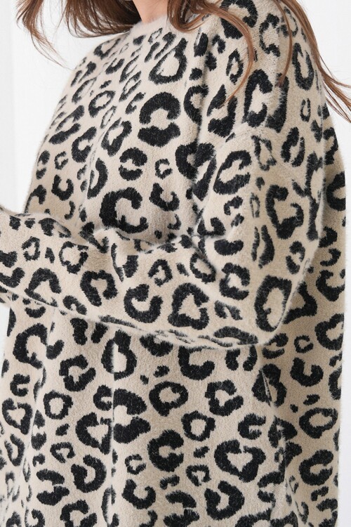 Leopar Desenli Bisiklet Yaka Yumoş Triko Kazak