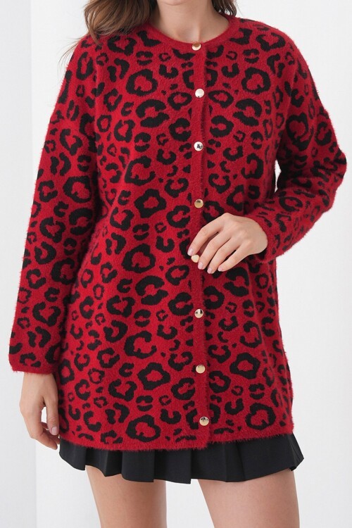 Leopar Desenli Düğmeli Yumoş Triko Hırka