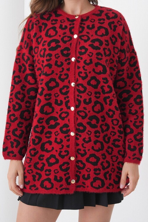 Leopar Desenli Düğmeli Yumoş Triko Hırka