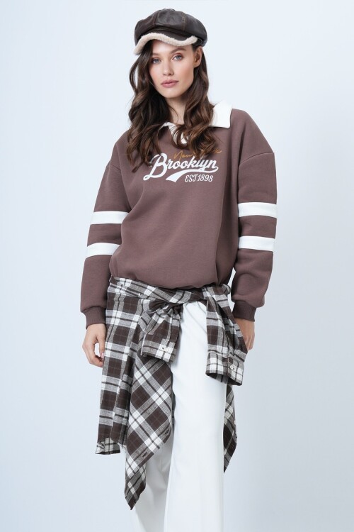 Polo Yaka 3 İplik Baskılı Oversize Sweatshirt