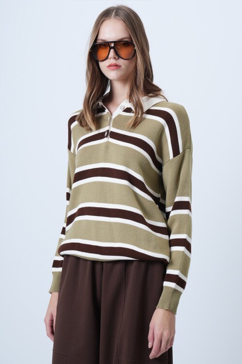 Polo Yaka Çizgili Triko Kazak