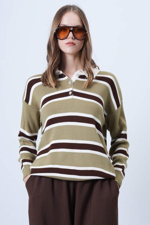 Polo Yaka Çizgili Triko Kazak