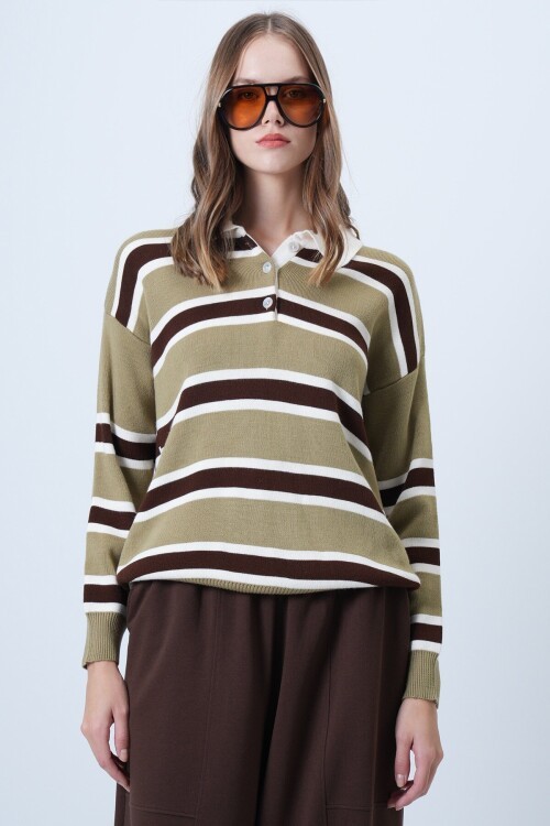 Polo Yaka Çizgili Triko Kazak