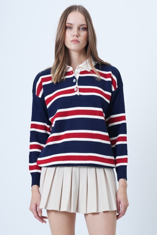 Polo Yaka Çizgili Triko Kazak