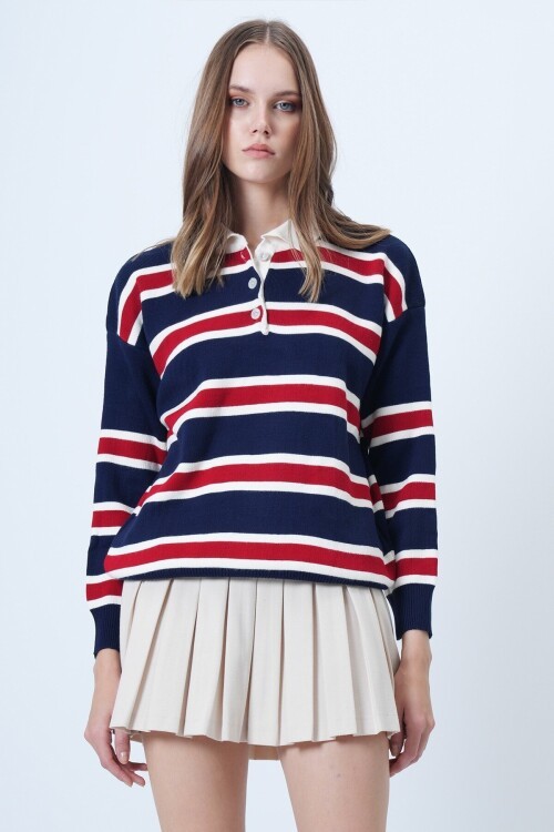 Polo Yaka Çizgili Triko Kazak