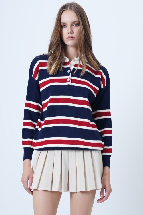 Polo Yaka Çizgili Triko Kazak