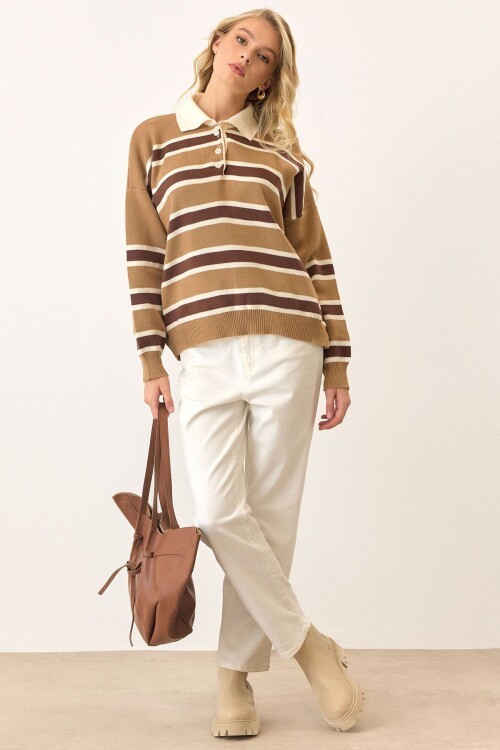 Polo Yaka Çizgili Triko Kazak