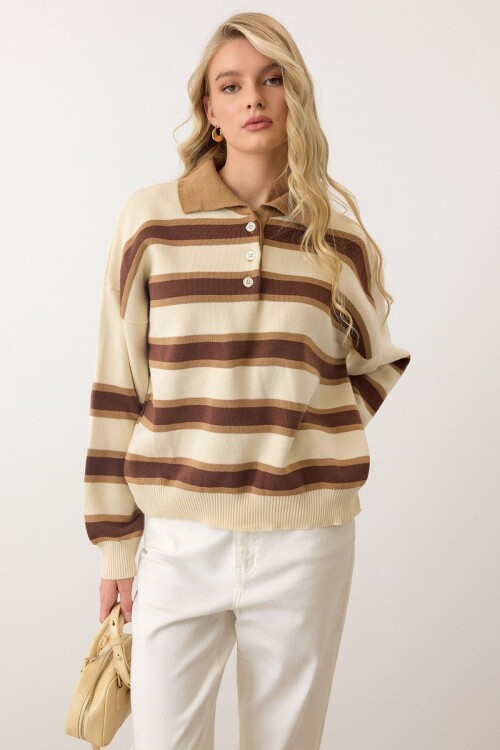 Polo Yaka Çizgili Triko Kazak