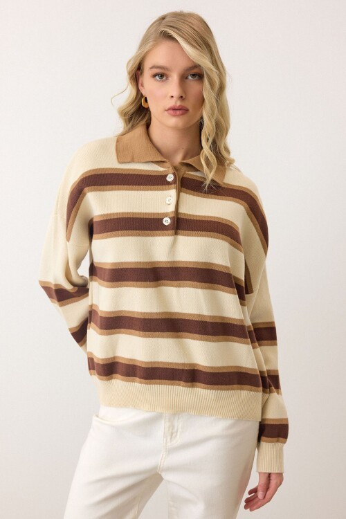 Polo Yaka Çizgili Triko Kazak