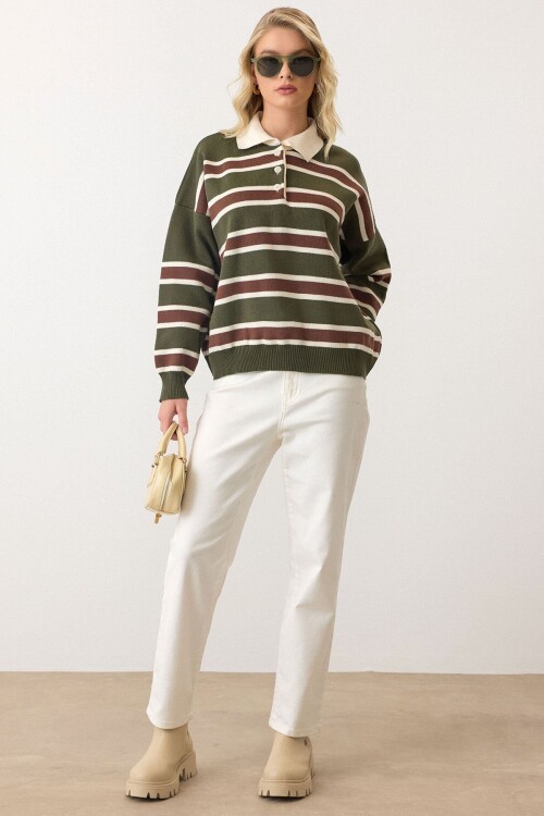 Polo Yaka Çizgili Triko Kazak