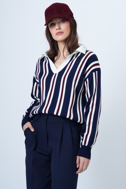 Polo Yaka Çizgili Triko Kazak