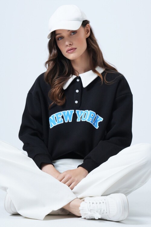 Polo Yaka Düğme DEtaylı Baskılı Oversize Sweatshirt