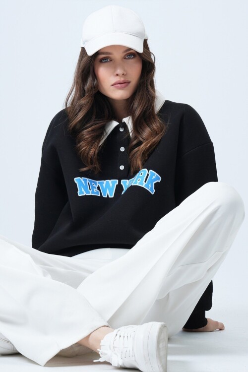 Polo Yaka Düğme DEtaylı Baskılı Oversize Sweatshirt